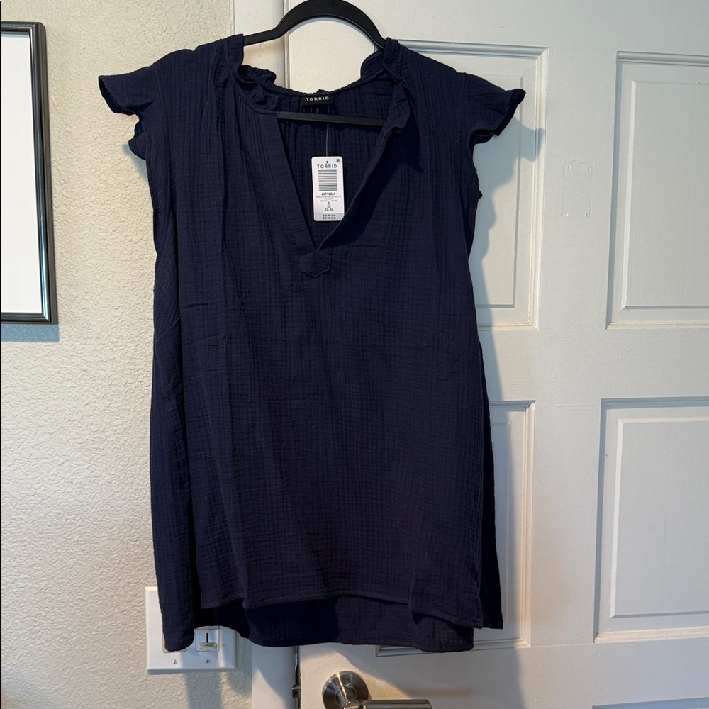 Torrid Navy Ruffle Sleeve Blouse